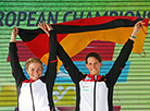 Women’s relay race silver medalists Annika Schleu and Lena Schoneborn (Germany)