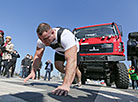 Ruslan Bagirov competes in MAZ truck pull
