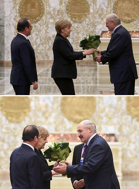 Франсуа Олланд и Ангела Меркель прибыли во Дворец Независимости в Минске