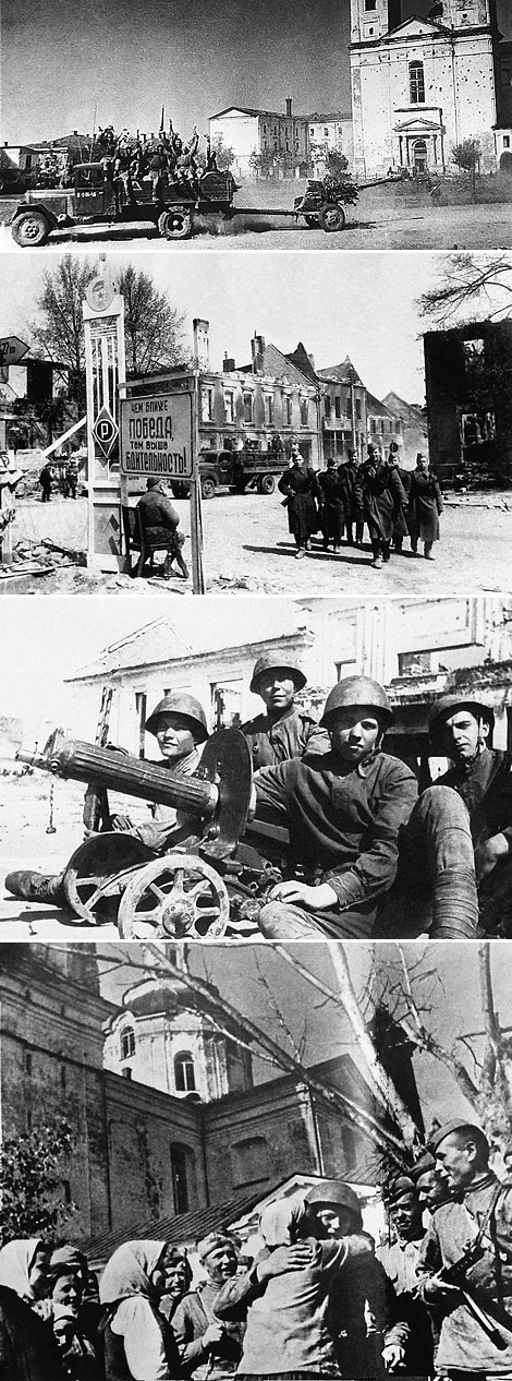 Советская артиллерия на улице освобожденного Полоцка. Июль 1944 г.