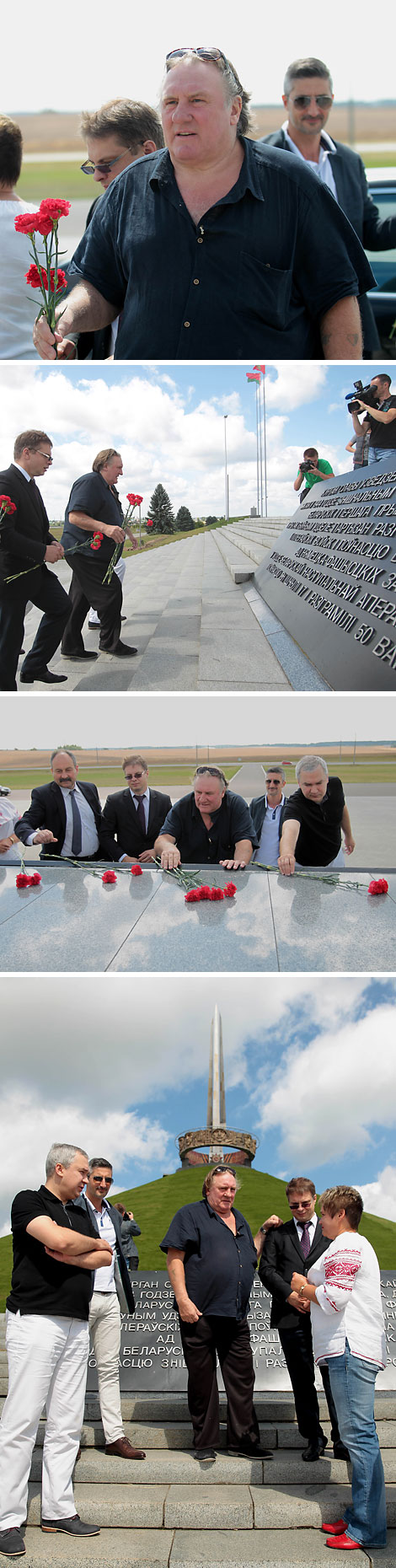 Gerard Depardieu lays flowers at Belarus' Mound of Glory
