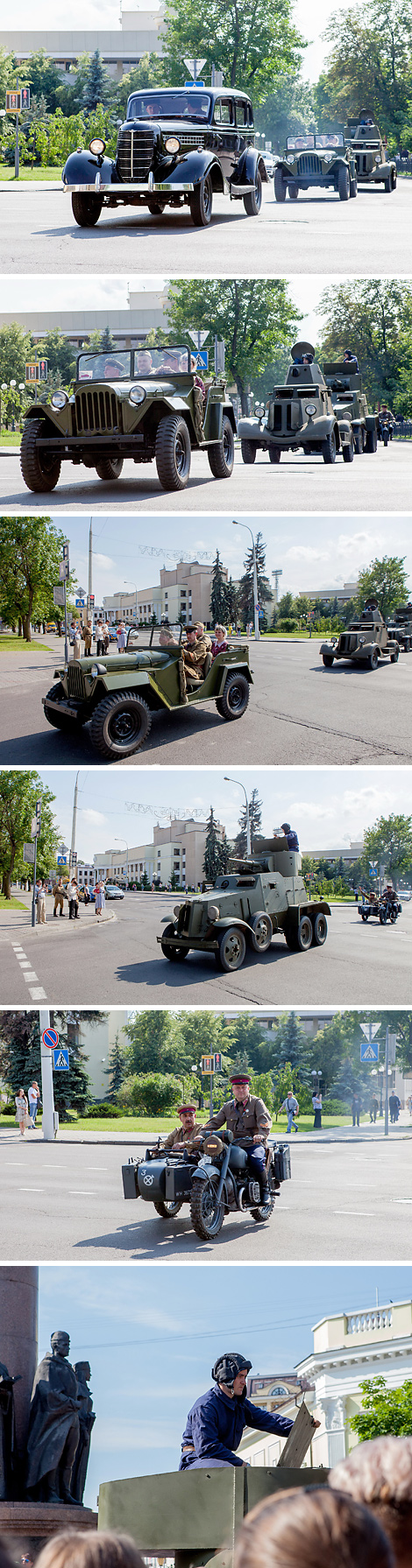 Parade of military reenactment units in the streets of Brest