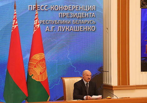 Belarus President Alexander Lukashenko holds a press conference for Russian regional mass media on 17 November