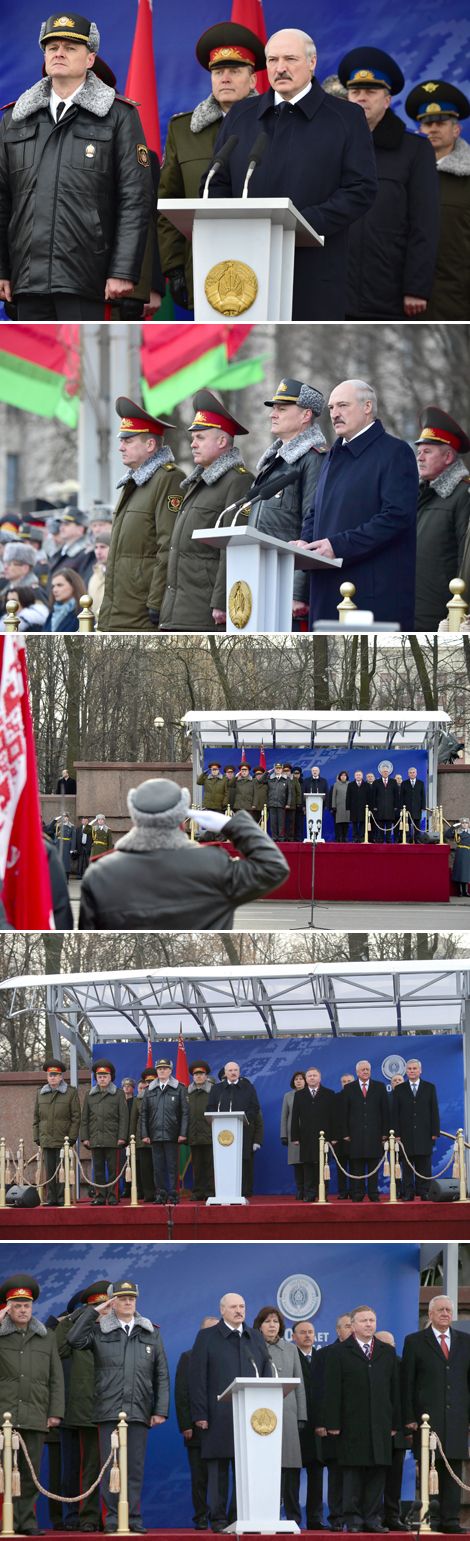 Belarus President Alexander Lukashenko speaks at the parade in honor of the 100th anniversary of the Belarusian police 