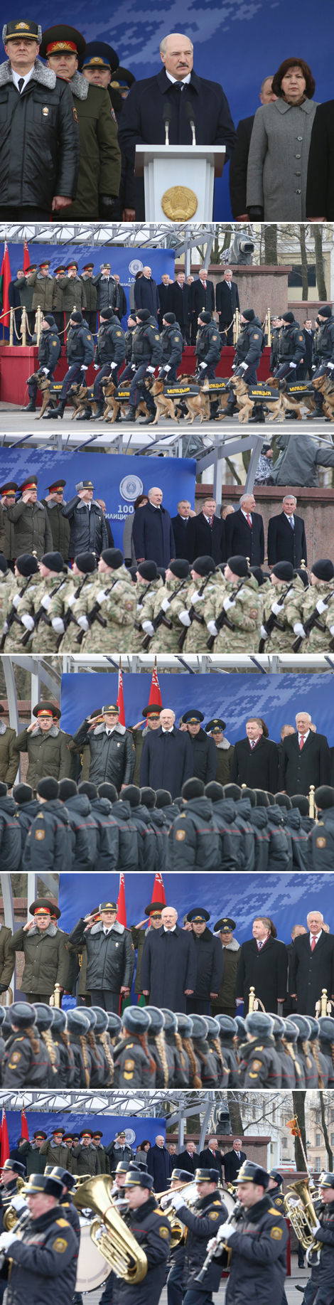 Belarus President Alexander Lukashenko speaks at the parade in honor of the 100th anniversary of the Belarusian police