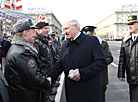Belarus President Alexander Lukashenko speaks at the parade in honor of the 100th anniversary of the Belarusian police