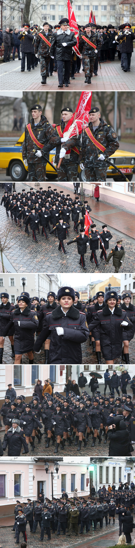 Police officers march along Grodno streets