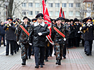 Police officers march along Grodno streets