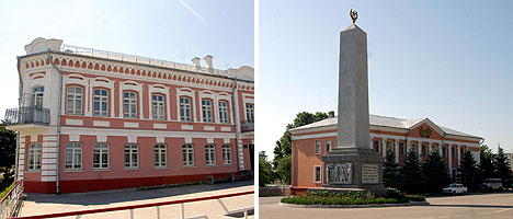 Дом купца Наума Долгина и 18-метровый обелиск в честь героев-освободителей города Лоева