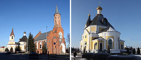 The Orthodox Holy Assumption Church and the Neo-Gothic Roman-Catholic Holy Trinity Church in Rechitsa