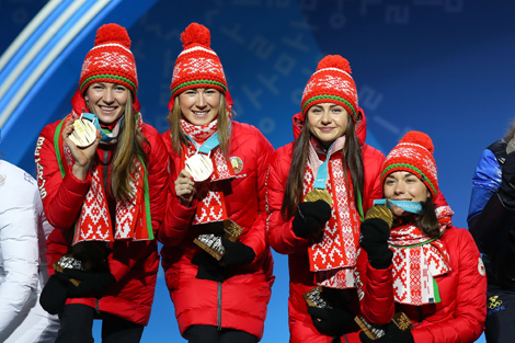 Gold medal ceremony for Belarus' biathlon team in PyeongChang