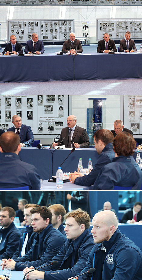 Belarus President Alexander Lukashenko meets with the players and the coaching staff of HC Dinamo Minsk