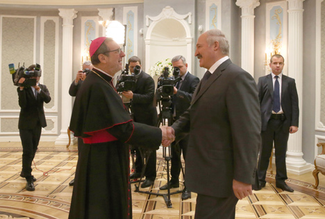 Belarus President Alexander Lukashenko as he met with Apostolic Nuncio of the Vatican to Belarus Claudio Gugerotti