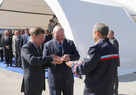 Lukashenko, Miller lay time capsule at Gazprom Center construction site