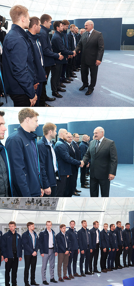 Belarus President Alexander Lukashenko meets with the players and the coaching staff of HC Dinamo Minsk