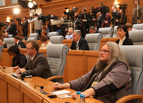 Belarus President Alexander Lukashenko holds a press conference for Russian regional mass media on 17 November