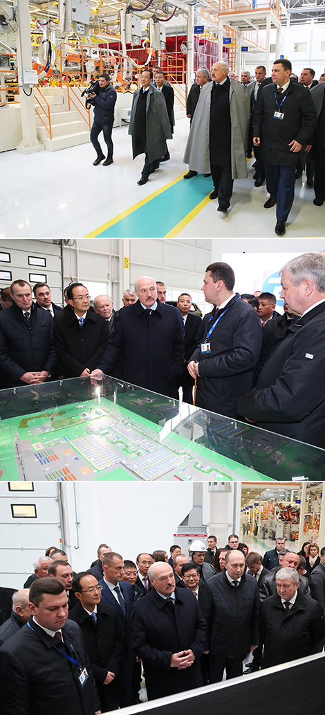 Belarus President Alexander Lukashenko visits the new car factory of SZAO BelGee Company