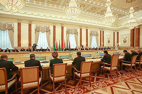 Belarus President Alexander Lukashenko during the talks with Turkmenistan President Gurbanguly Berdimuhamedov