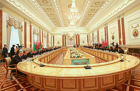 Belarus President Alexander Lukashenko during the talks with Turkmenistan President Gurbanguly Berdimuhamedov