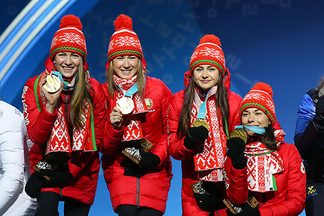 Nadezhda Skardino, Irina Krivko, Dinara Alimbekava and Darya Domracheva