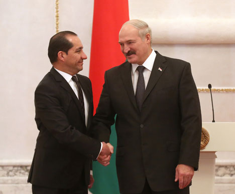 Belarusian President Alexander Lukashenko and Ambassador of Ecuador to Belarus Carlos Humberto Larrea Davila