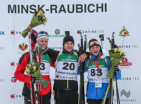 The winners of the 12.5km youth men’s Individual event, Russian Kirill Streltsov, Emil Schiellerup of Denmark and Russian Igor Shetko