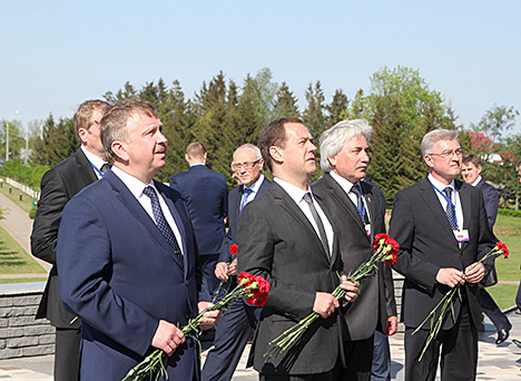 Prime Ministers of Belarus and Russia Andrei Kobyakov and Dmitry Medvedev laid flowers at the Memorial Chapel in Buinichi Field