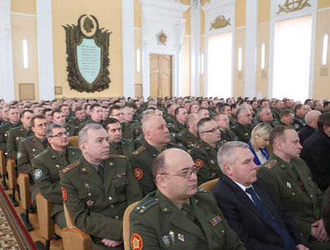 Belarus President Alexander Lukashenko before top-ranking officers of the Belarusian army