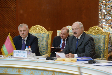 Belarus President Alexander Lukashenko at the plenary session of the CSTO Collective Security Council in Dushanbe