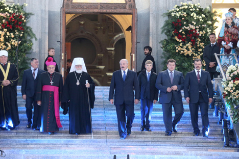 Belarus President Alexander Lukashenko during the Prayer for Belarus ceremony in the All Saints Memorial Temple in Minsk 