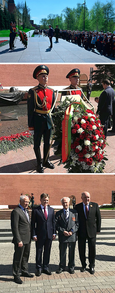 Ambassador Igor Petrishenko and war veterans lay flowers at the Tomb of the Unknown Soldier in the Alexander Garden in Moscow. Photo courtesy of Belarus' embassy in Russia