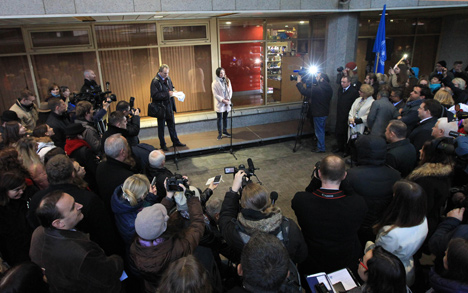 Посол доброй воли ПРООН в Беларуси биатлонистка Дарья Домрачева во время церемонии, посвященной отправлению из Минска состава к 70-летию ООН