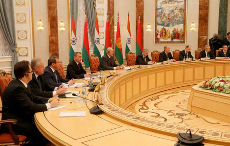 Belarus President Alexander Lukashenko during the expanded participation meeting with India President Pranab Mukherjee