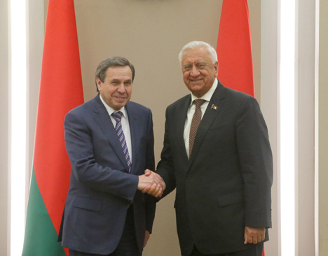 Chairman of the Council of the Republic of the National Assembly of Belarus Mikhail Myasnikovich during the meeting with Novosibirsk Oblast Governor Vladimir Gorodetsky 