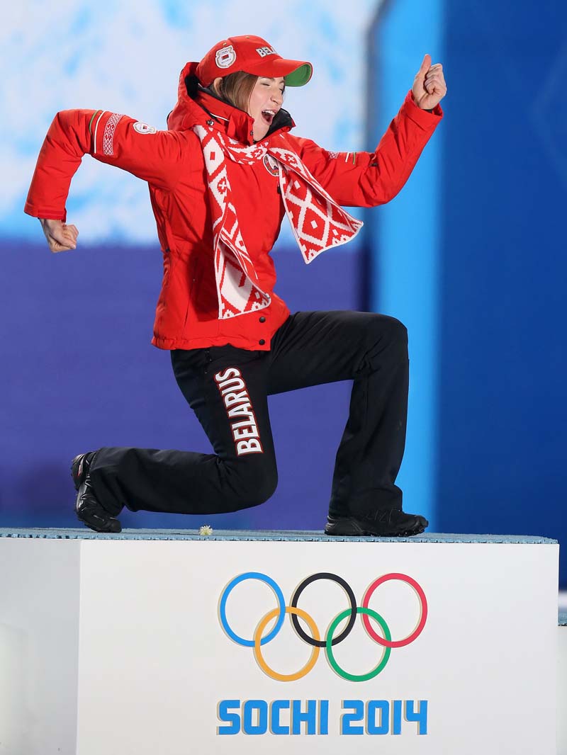 Darya Domracheva celebrates the third Olympic gold medal in Sochi, 2014