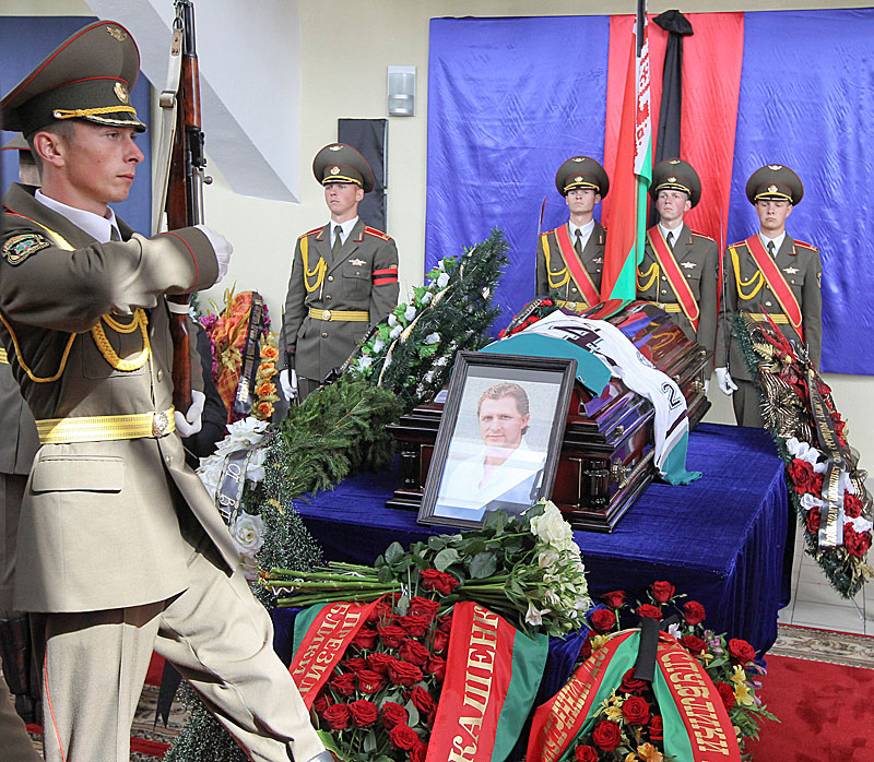 A memorial service for Ruslan Salei at the HC Yunost Minsk arena in Minsk