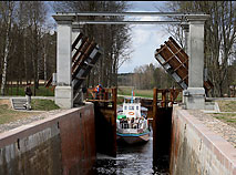 Motor ship sluicing on Augustow Canal