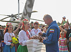 The cosmonaut Oleg Novitsky was met with bread and salt in Borovaya