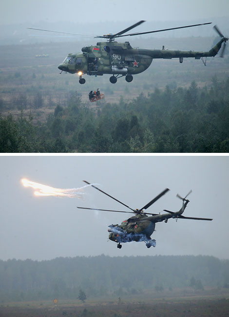 A Belarusian Mi-8 helicopter evacuates downed pilots
