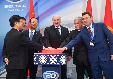 President Alexander Lukashenko takes part in the official inauguration of the new BelGee car factory