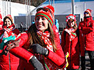 Belarusian biathlete Darya Domracheva at ceremony of hoisting up Belarus’ national flag at the Olympic Village 