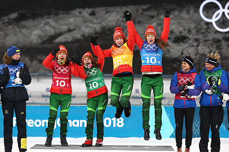 Nadezhda Skardino, Irina Krivko, Dinara Alimbekova and Darya Domracheva