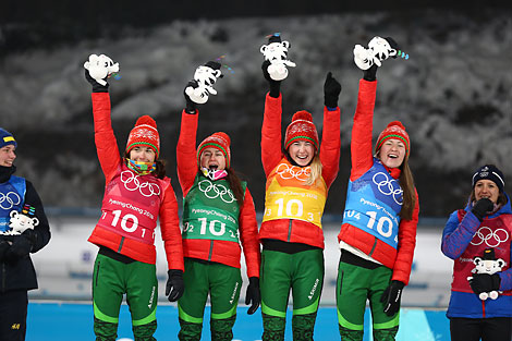 Nadezhda Skardino, Irina Krivko, Dinara Alimbekova and Darya Domracheva