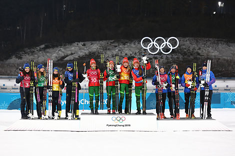 PyeongChang 2018 Olympic champions Nadezhda Skardino, Irina Krivko, Dinara Alimbekova and Darya Domracheva