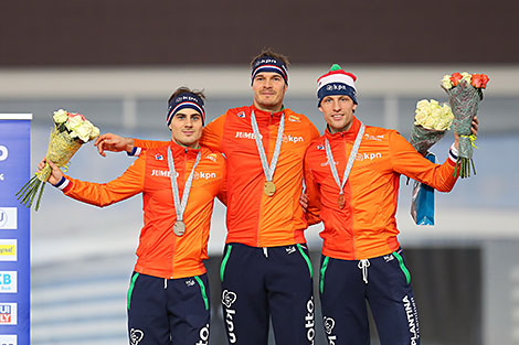 Winners of the Men’s 500m: Jan Smeekens (Netherlands), Hein Otterspeer (Netherlands), Ronald Mulder (Netherlands) 