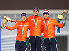 Winners of the Men’s 500m: Jan Smeekens (Netherlands), Hein Otterspeer (Netherlands), Ronald Mulder (Netherlands) 