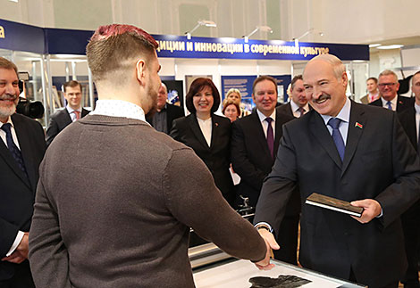 Belarus President Alexander Lukashenko at a presentation of accomplishments of young creative Belarusians