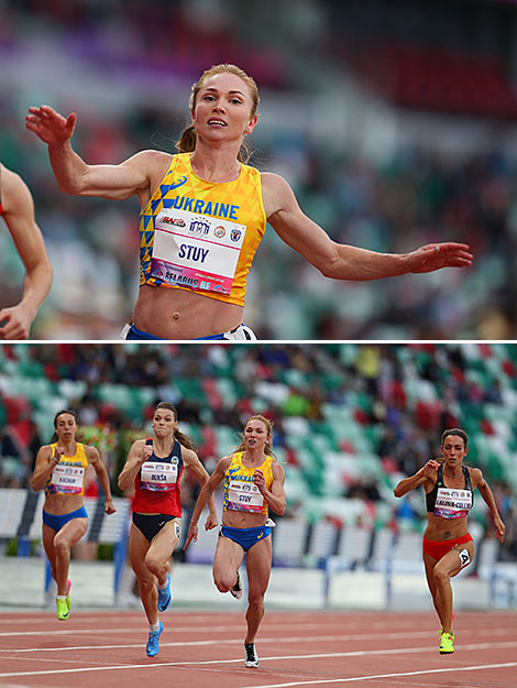 Ukrainian runner Hrystyna Stuy celebrates victory in the women’s 100m  