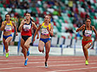 Ukrainian runner Hrystyna Stuy celebrates victory in the women’s 100m  