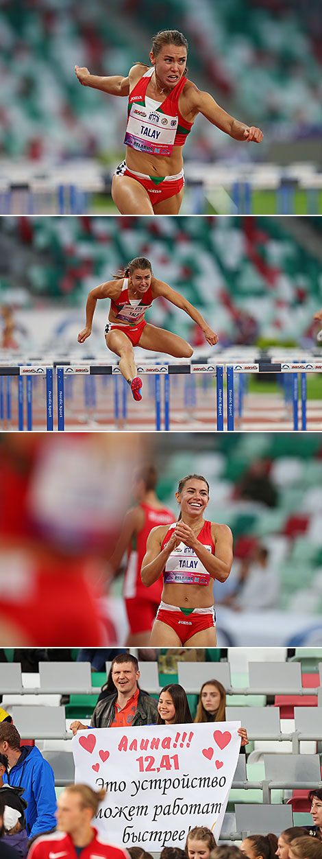 Alina Talay (Belarus) is victorious in the 100 m hurdles